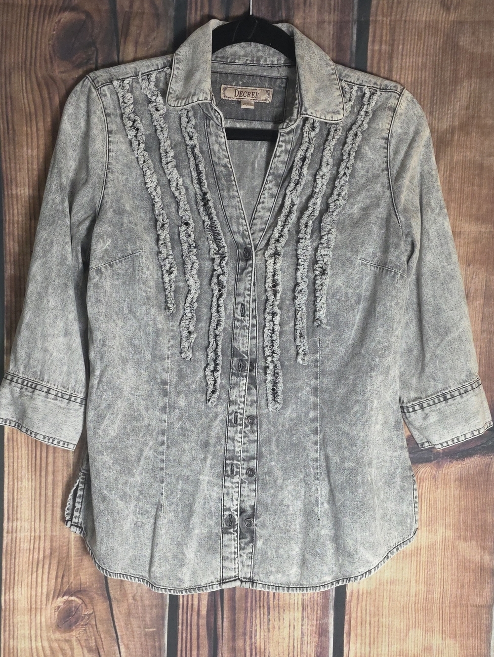Decree Medium Washed Gray Button-Down Shirt with Ruffle Trim